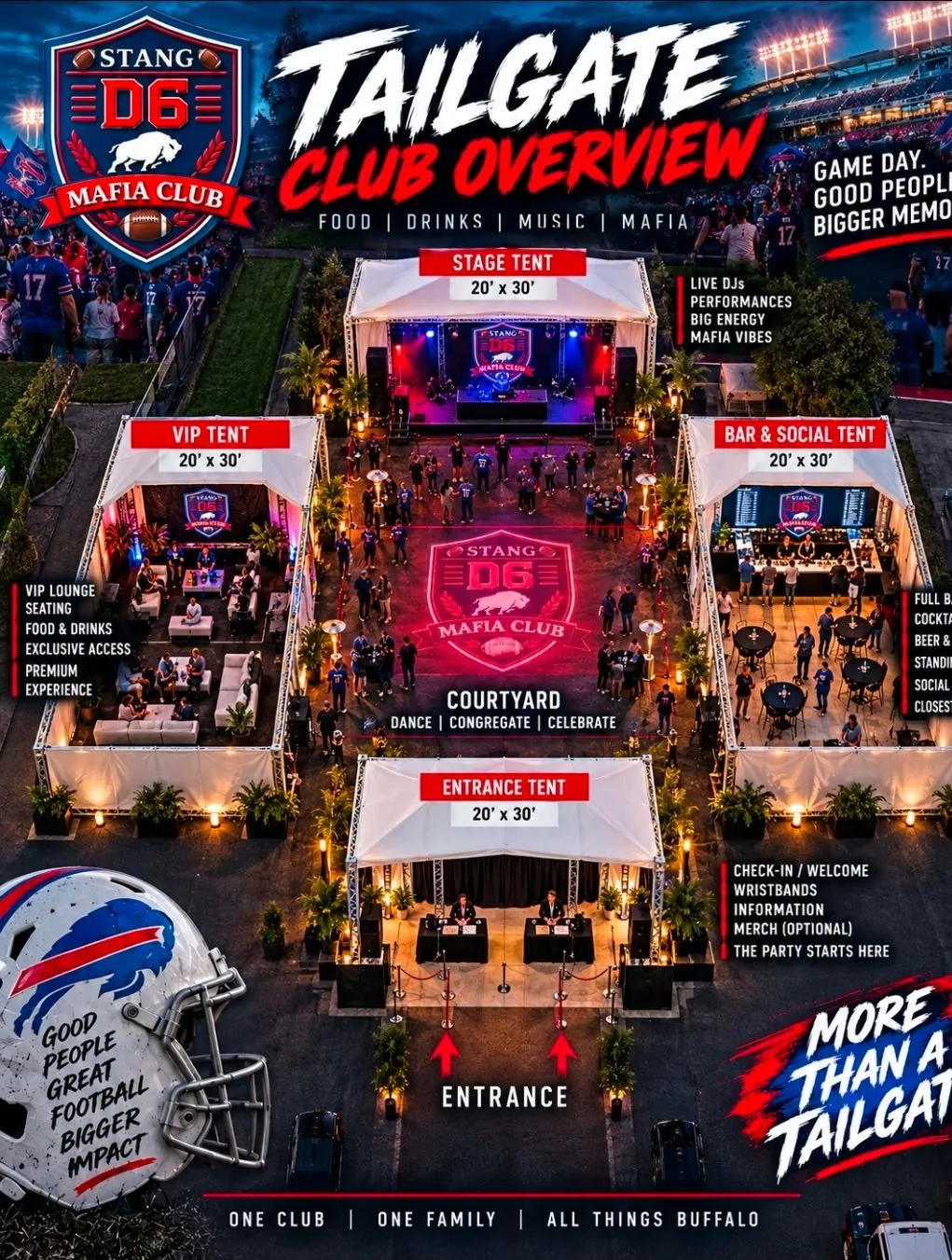 Tailgate club overview: stage tent, VIP tent, bar and social tent, entrance tent around a central courtyard